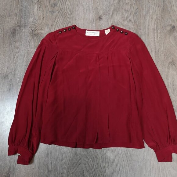 80s Vintage Designer Pleat Red Silk Crepe de Chine Long Sleeve Loose Fit Blouse - Picture 3 of 10